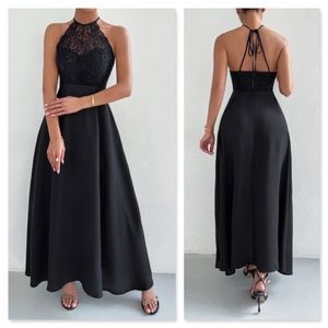 Black Elegant Maxi Dress Lace Halter Neckline Tie Back Backless Flared Long